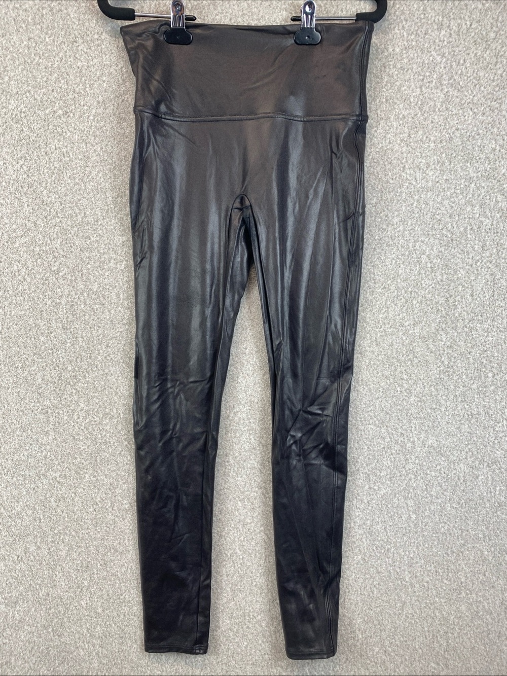 Spanx Faux Leather Women's Leggings Size L High Waist Shiny Black Minimalist